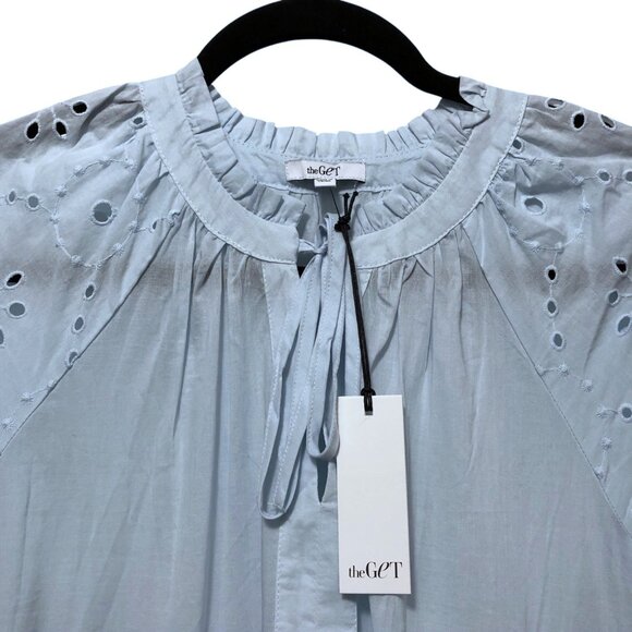 NWT TheGet Solid Light Blue Eyelet Short Sleeves Tiered with Pockets Midi Dress - Picture 4 of 9
